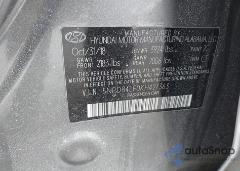 2019 Hyundai Elantra Sel z USA, uszkodzony, nr VIN 5NPD84LF0KH427363